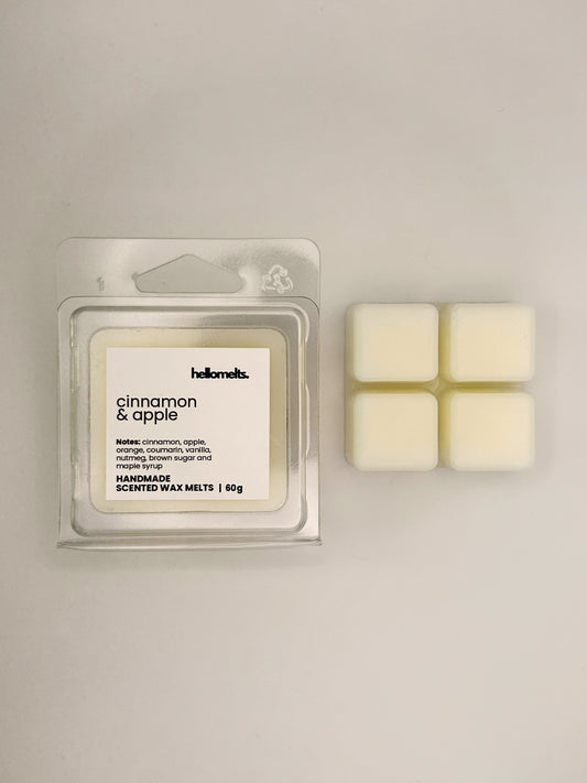 Cinnamon & Apple 60g wax melt bar displayed beside its clear clamshell packaging from the Hellomelts Autumn Collection