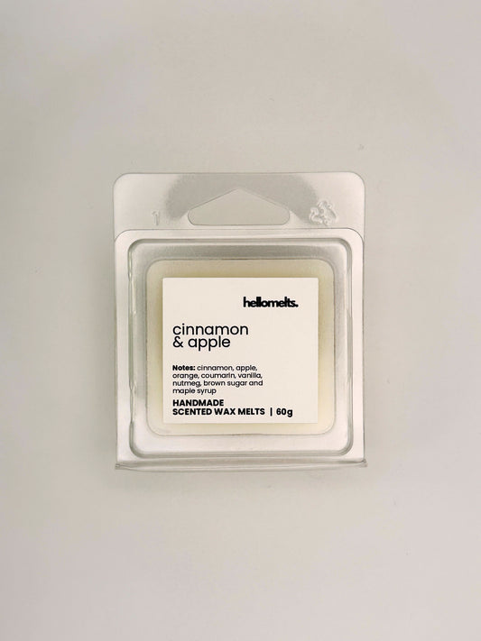Front view of Cinnamon & Apple 60g wax melt in clear clamshell packaging from the Hellomelts Autumn Collection