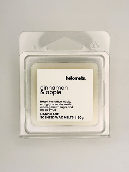 Close up of Cinnamon & Apple 60g wax melt label on clear clamshell packaging from the Hellomelts Autumn Collection