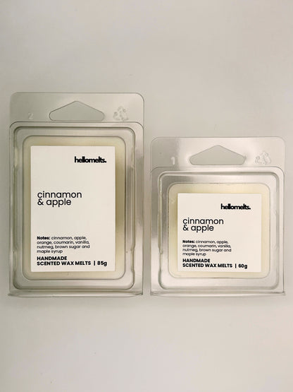 Cinnamon & Apple wax melts in 60g and 85g clamshells shown side by side from the Hellomelts Autumn Collection