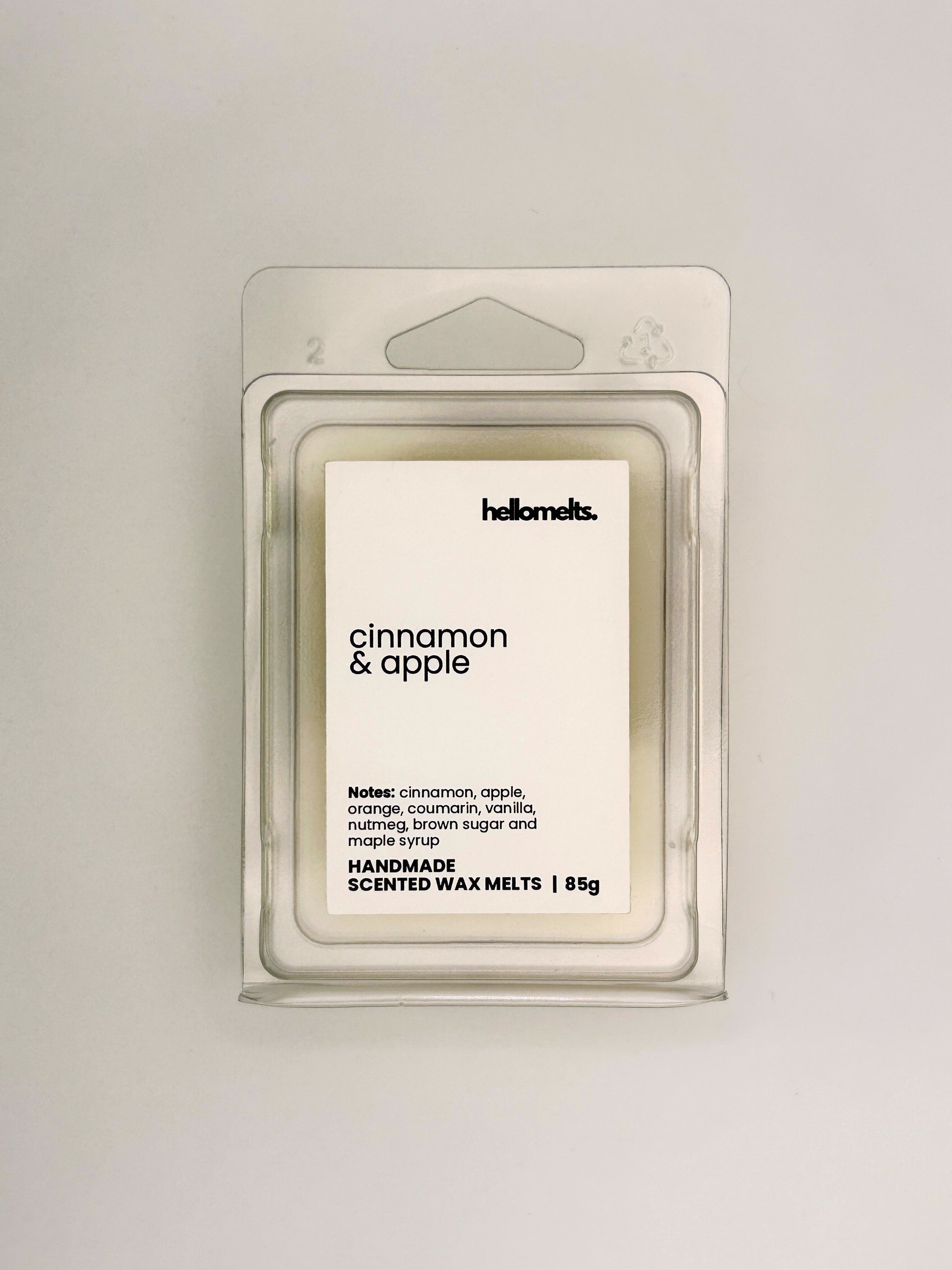 Front view of Cinnamon & Apple 85g wax melt in clear clamshell packaging from the Hellomelts Autumn Collection