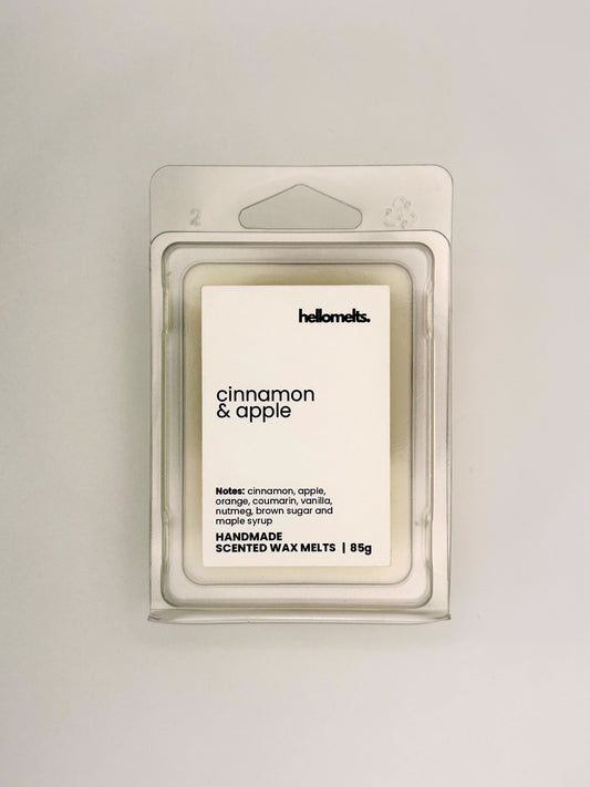 Front view of Cinnamon & Apple 85g wax melt in clear clamshell packaging from the Hellomelts Autumn Collection