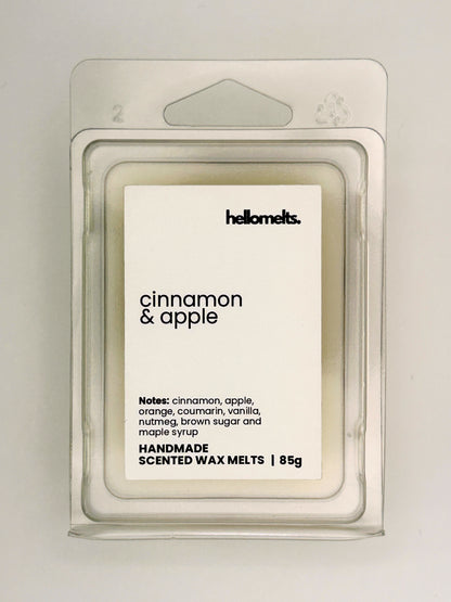 Close up of Cinnamon & Apple 85g wax melt label on clear clamshell packaging from the Hellomelts Autumn Collection