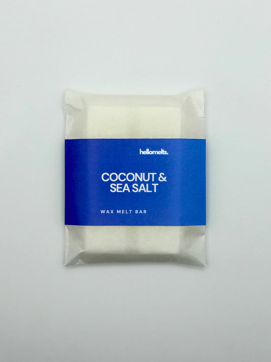 Flatlay top-down view of the Coconut & Sea Salt 30g wax melt bar by Hellomelts from the Summer Collection.