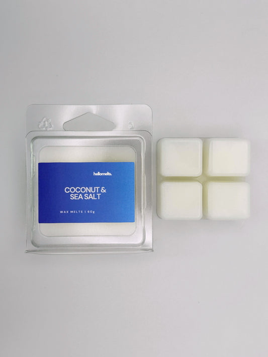 Coconut & Sea Salt 60g wax melt bar by Hellomelts pictured beside its clamshell packaging, part of the Summer Collection