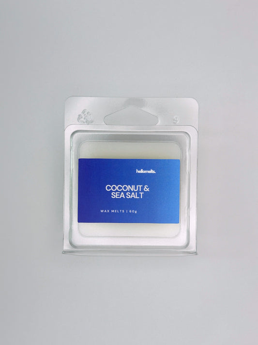 Flatlay of Coconut & Sea Salt 60g wax melt bar by Hellomelts, part of the Summer Collection with ocean-inspired colours and fresh design