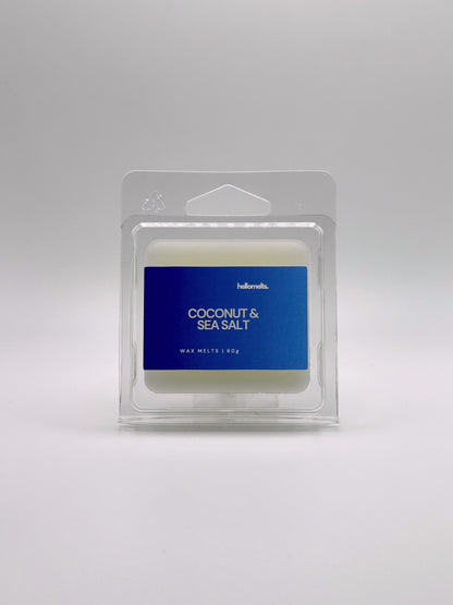 Front-facing view of Hellomelts Coconut & Sea Salt 60g wax melt bar from the Summer Collection, featuring bright coastal packaging