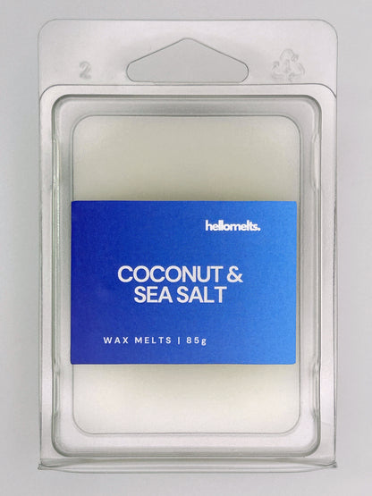 Close-up front view of Coconut & Sea Salt 85g wax melt bar by Hellomelts, showing wax texture and fresh coastal label colour