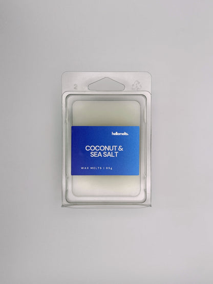 Flatlay of Coconut & Sea Salt 85g wax melt bar by Hellomelts, part of the Summer Collection with ocean-inspired colours and fresh design