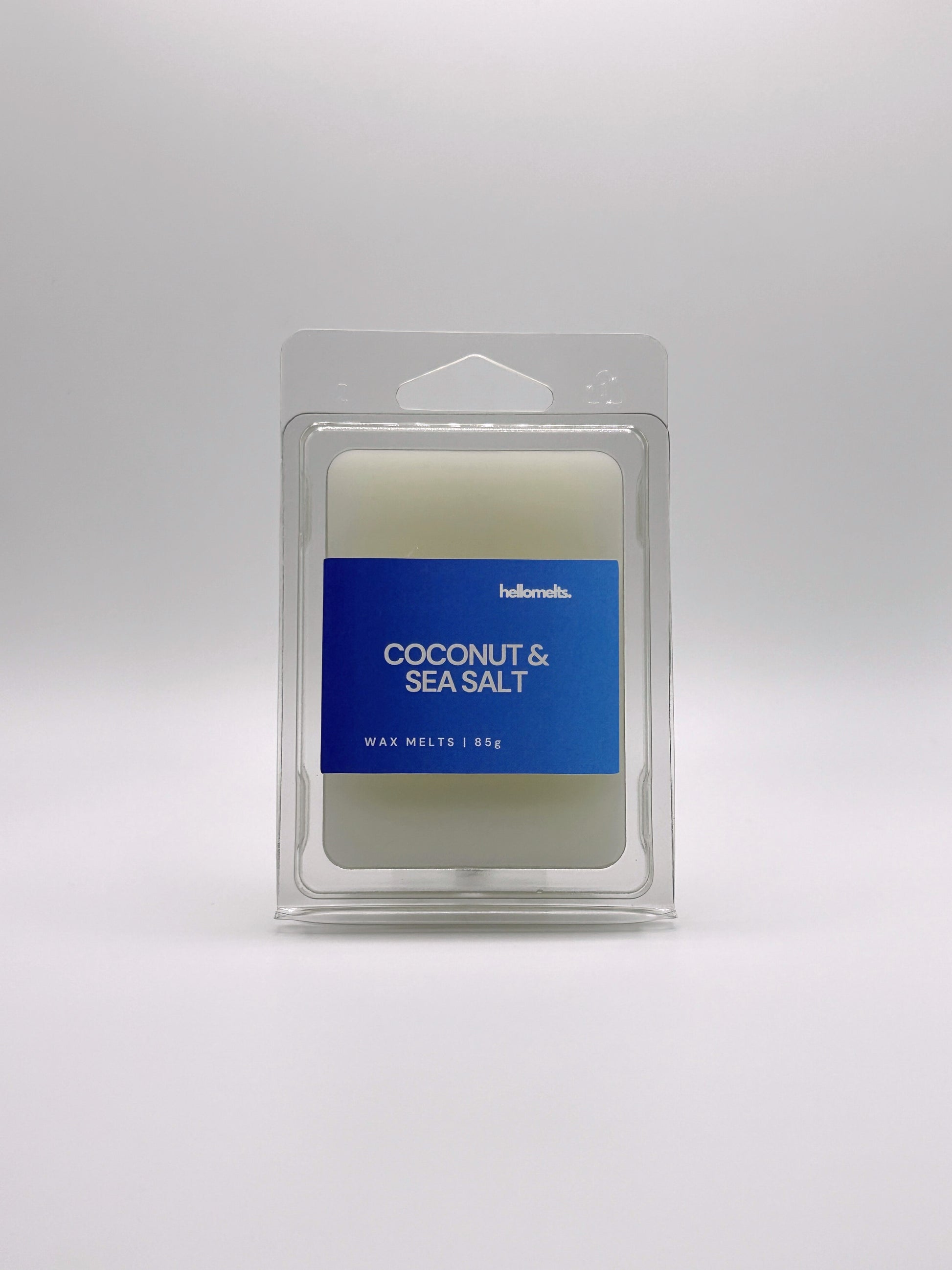 Front-facing view of Hellomelts Coconut & Sea Salt 85g wax melt bar from the Summer Collection, featuring bright coastal packaging