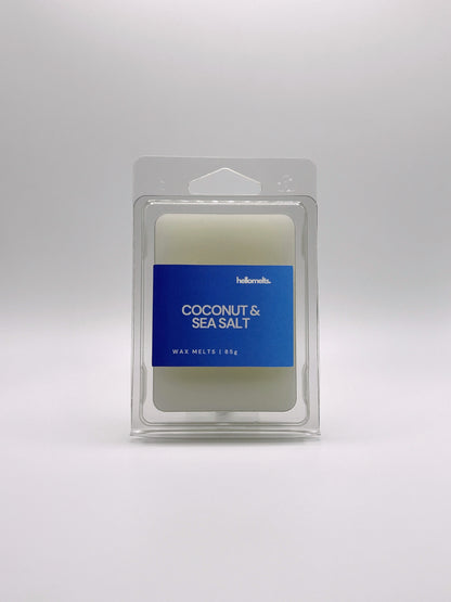 Front-facing view of Hellomelts Coconut & Sea Salt 85g wax melt bar from the Summer Collection, featuring bright coastal packaging