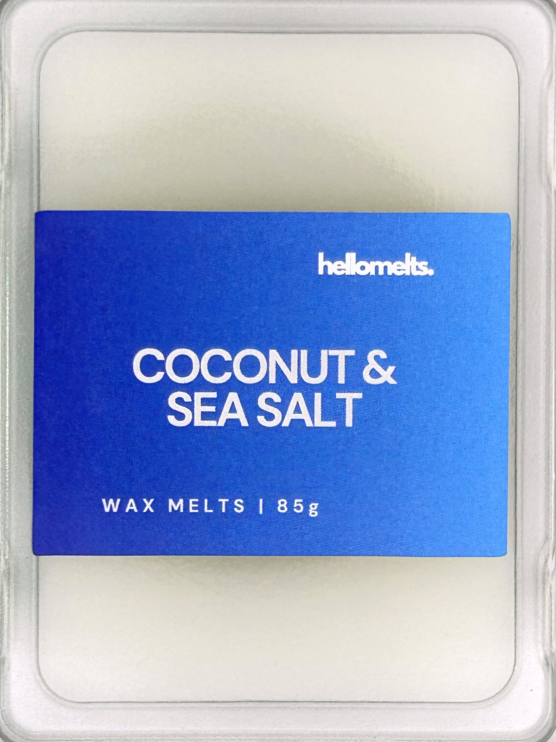 Close-up of the Coconut & Sea Salt 85g wax melt label, showing detailed branding and seaside fragrance design from Hellomelts
