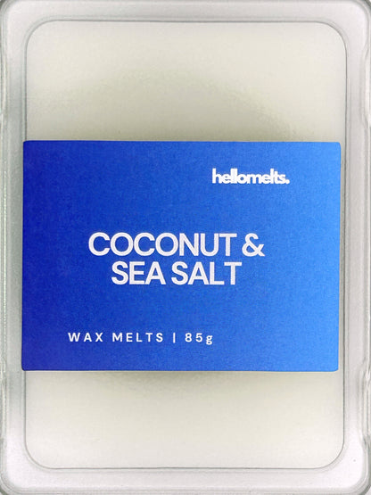 Close-up of the Coconut & Sea Salt 85g wax melt label, showing detailed branding and seaside fragrance design from Hellomelts