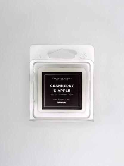 Cranberry & Apple 60g wax melt front-facing studio shot showing the clamshell packaging from the Hellomelts Winter Collection