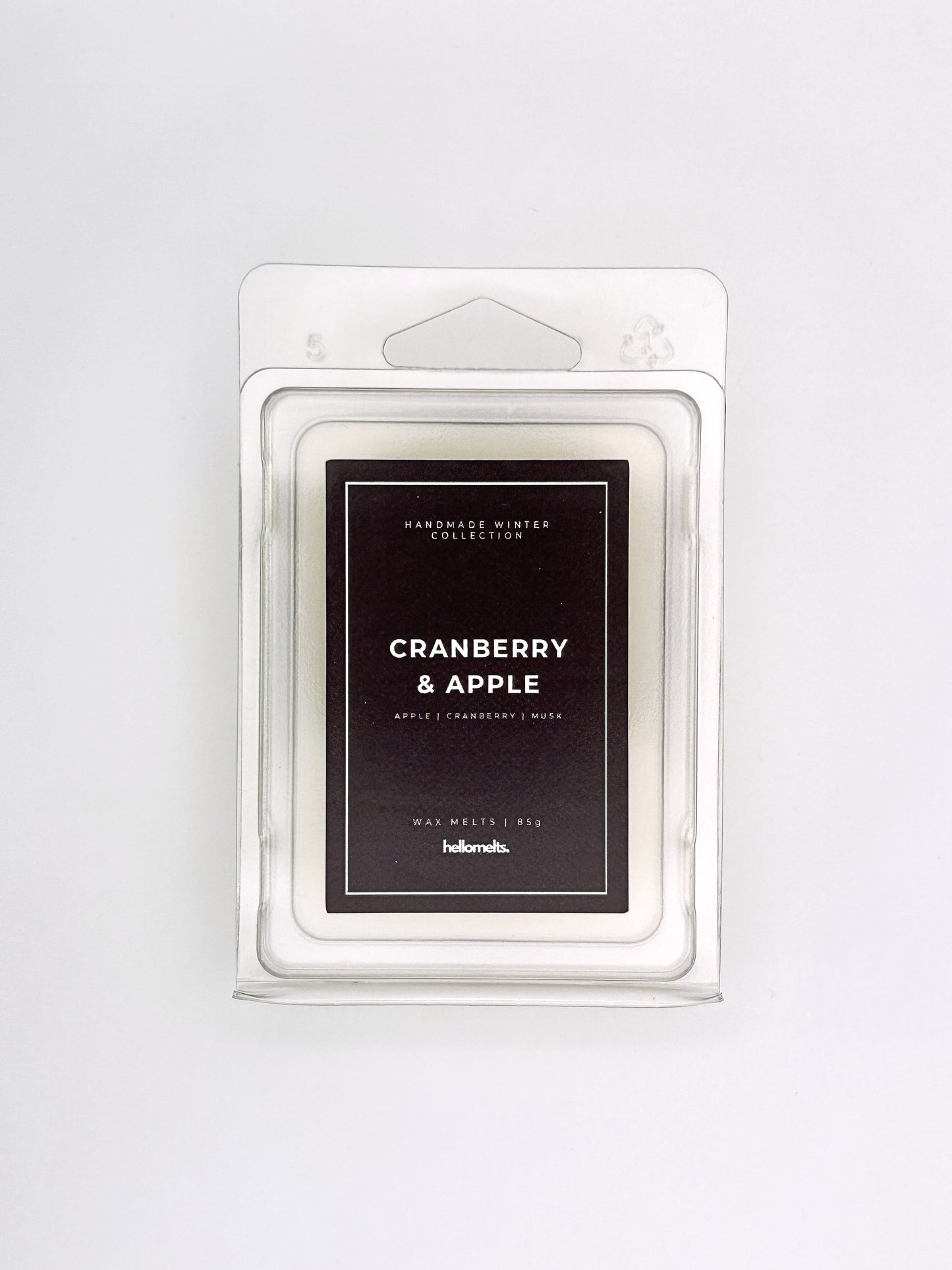 Cranberry & Apple 85g wax melt front-facing studio shot showing the clamshell packaging from the Hellomelts Winter Collection