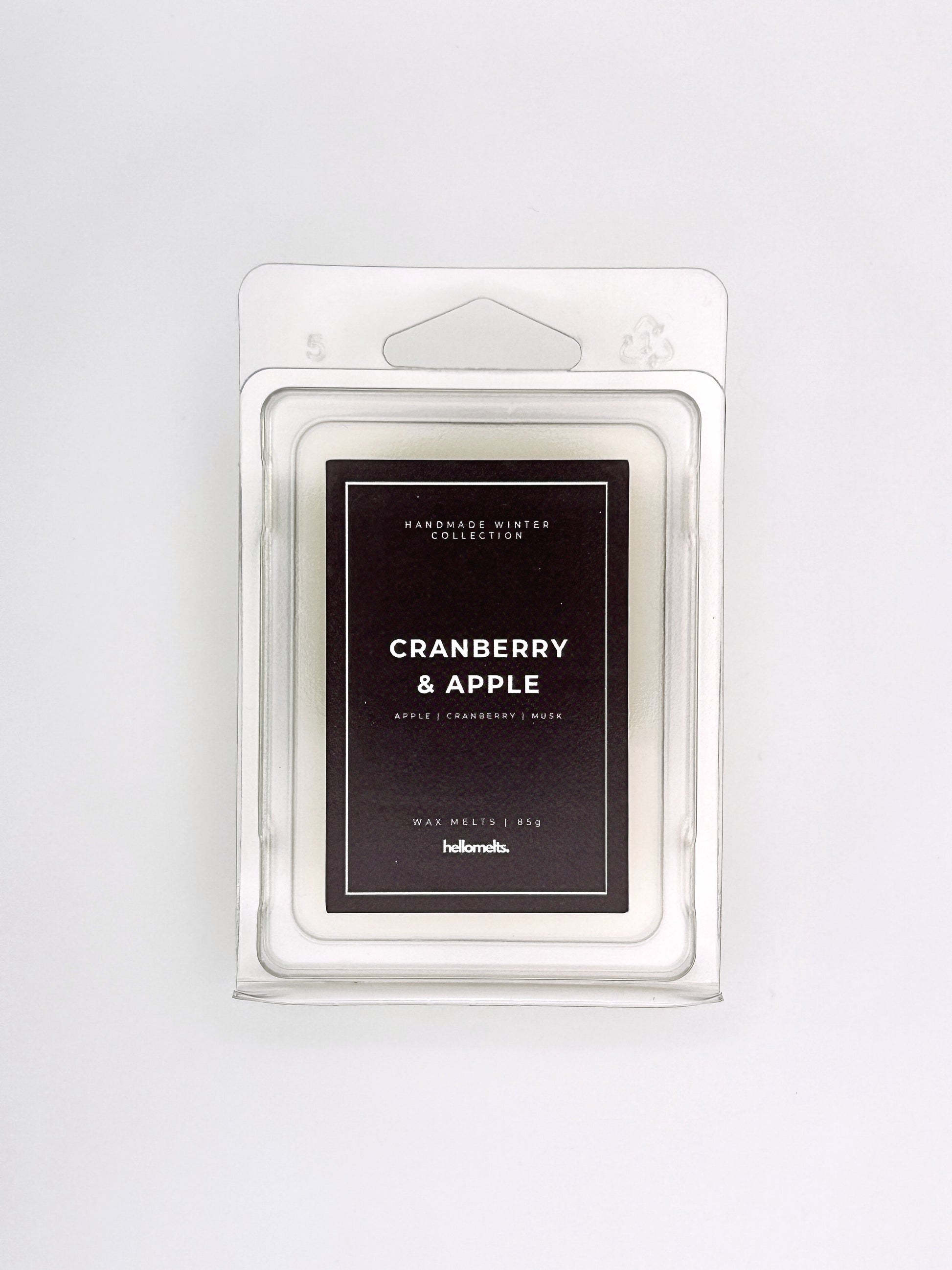 Cranberry & Apple 85g wax melt front-facing studio shot showing the clamshell packaging from the Hellomelts Winter Collection