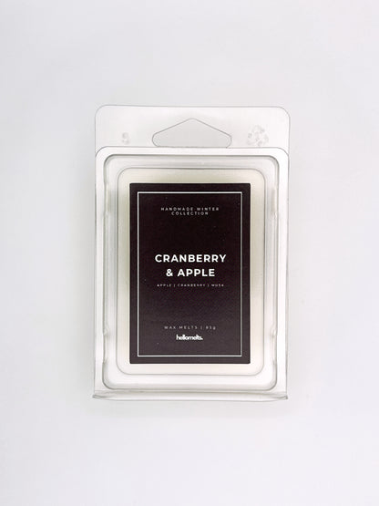 Cranberry & Apple 85g wax melt front-facing studio shot showing the clamshell packaging from the Hellomelts Winter Collection
