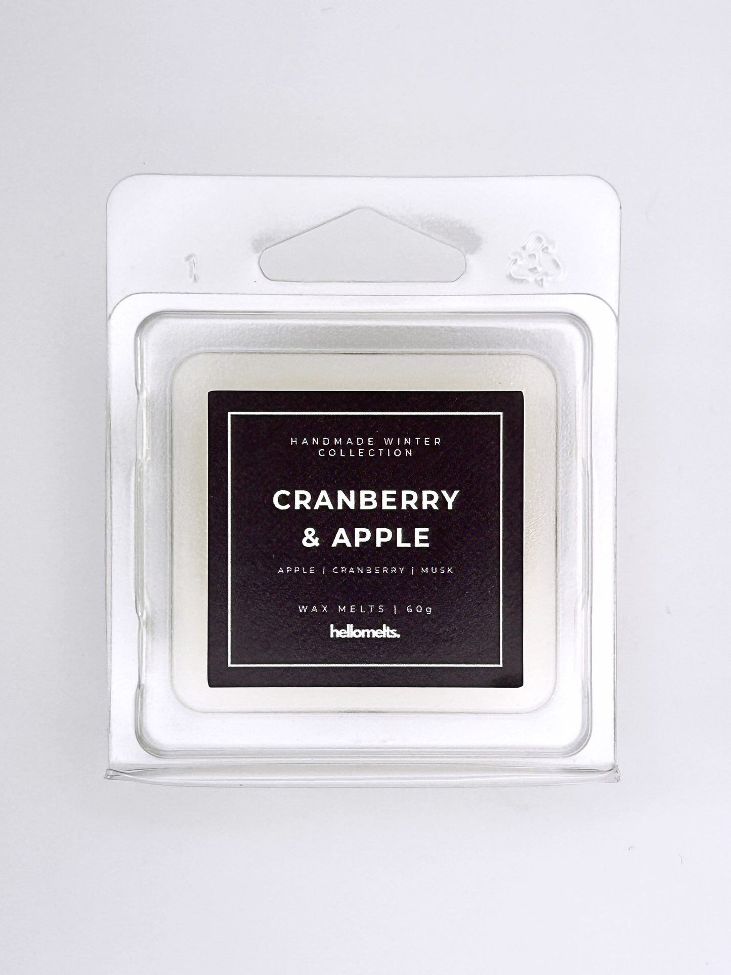 Cranberry & Apple 60g wax melt label close-up on the clamshell packaging from the Hellomelts Winter Collection