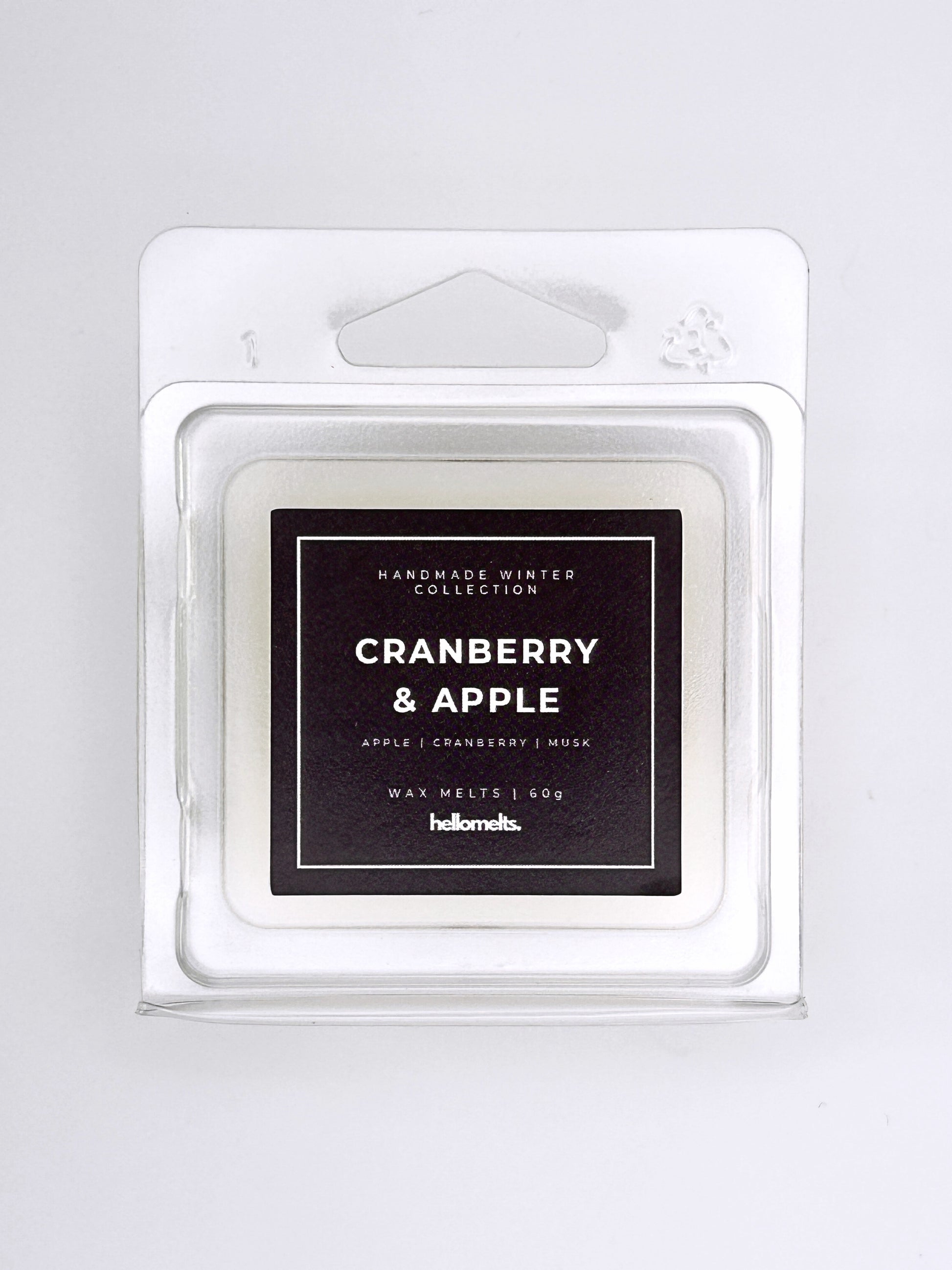 Cranberry & Apple 60g wax melt label close-up on the clamshell packaging from the Hellomelts Winter Collection