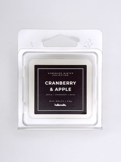 Cranberry & Apple 60g wax melt label close-up on the clamshell packaging from the Hellomelts Winter Collection
