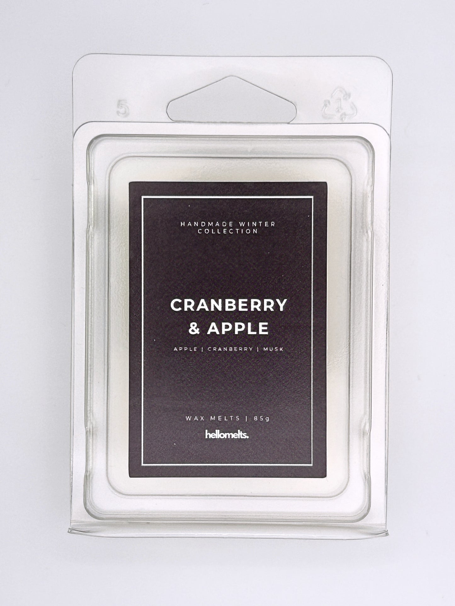 Cranberry & Apple 85g wax melt label close-up on the clamshell packaging from the Hellomelts Winter Collection