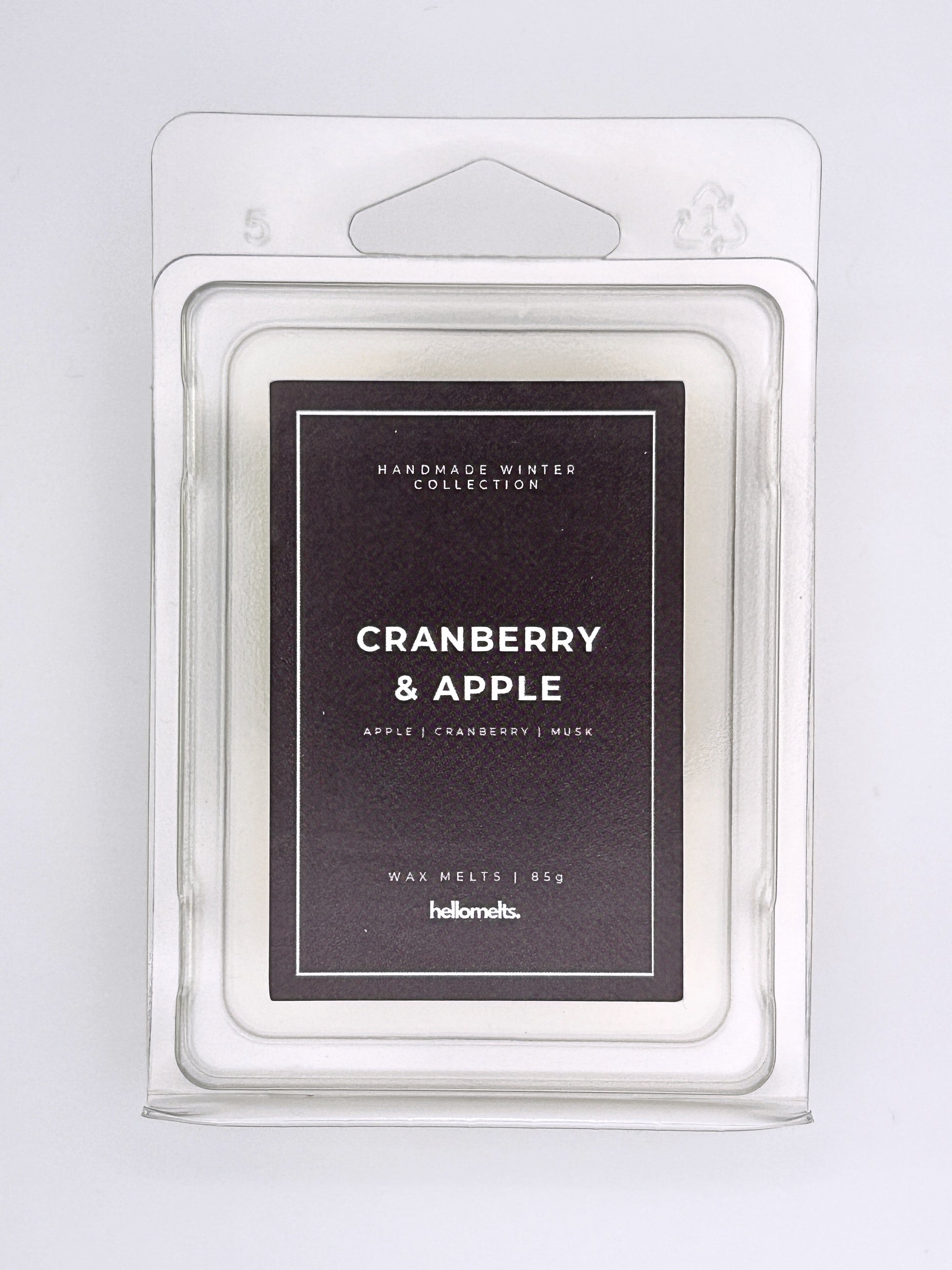 Cranberry & Apple 85g wax melt label close-up on the clamshell packaging from the Hellomelts Winter Collection
