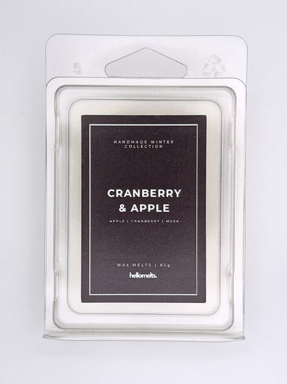 Cranberry & Apple 85g wax melt label close-up on the clamshell packaging from the Hellomelts Winter Collection
