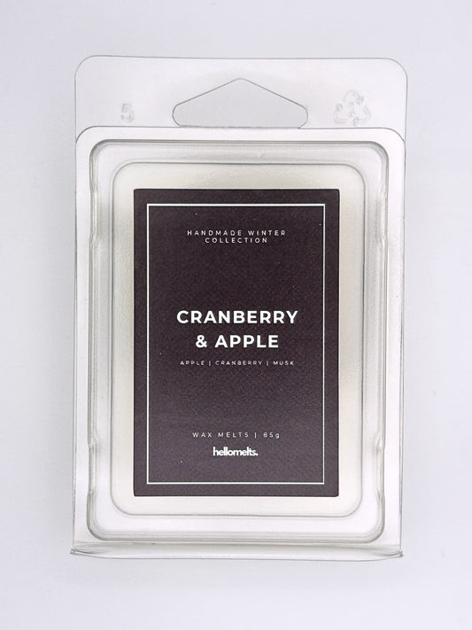 Cranberry & Apple 85g wax melt label close-up on the clamshell packaging from the Hellomelts Winter Collection