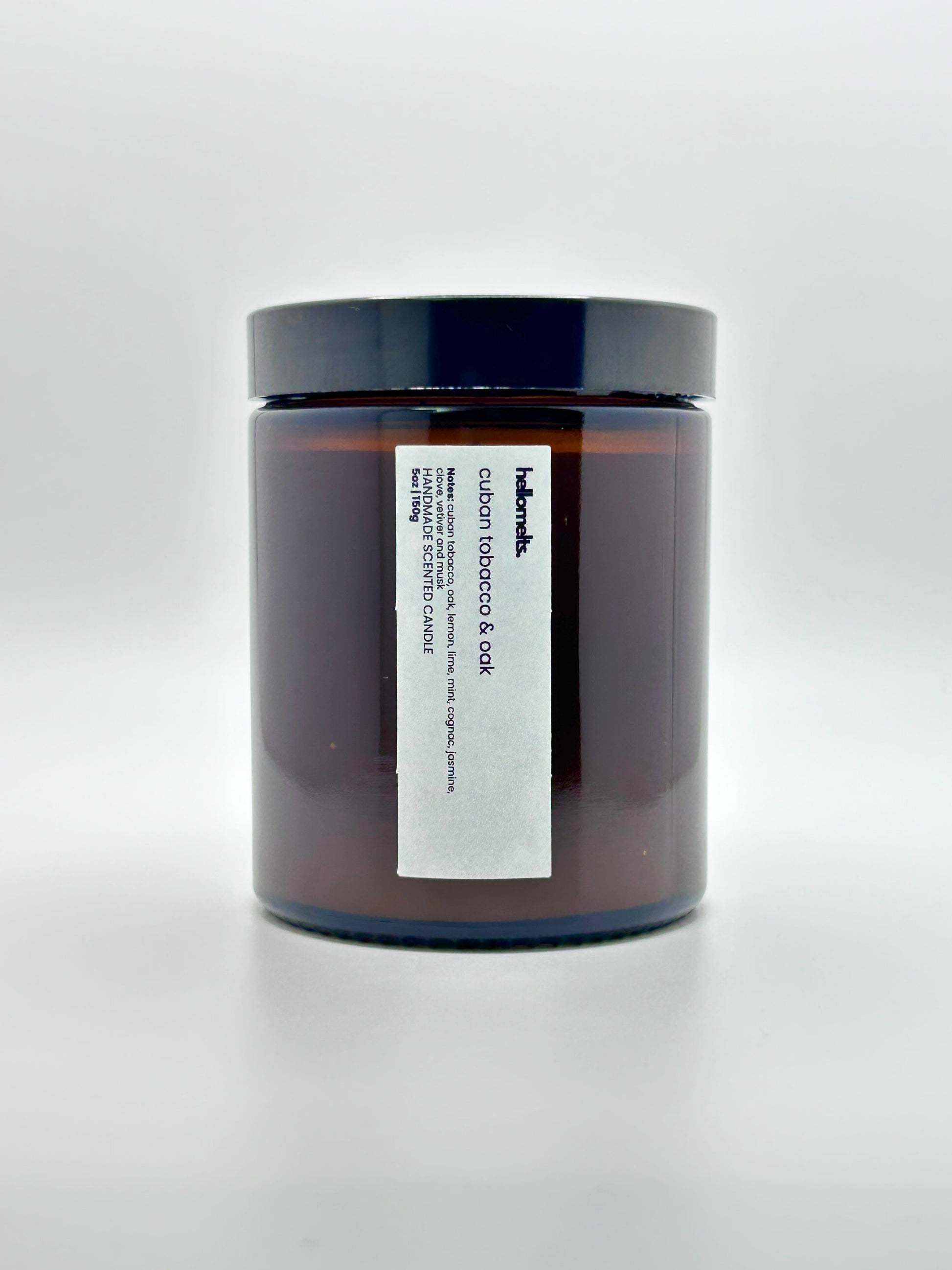 Front view of Cuban Tobacco & Oak autumn candle by Hellomelts with the lid on, part of the Autumn Collection