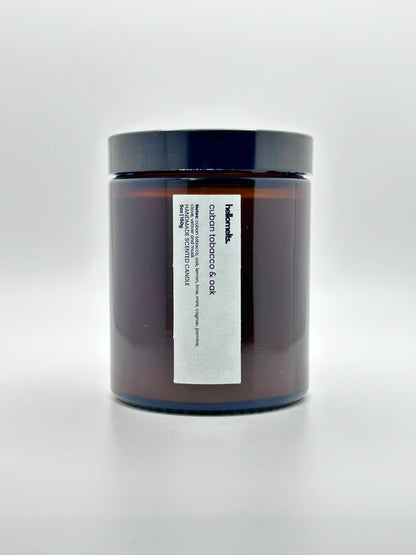 Front view of Cuban Tobacco & Oak autumn candle by Hellomelts with the lid on, part of the Autumn Collection