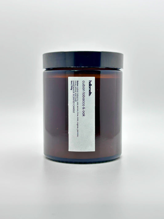 Front view of Cuban Tobacco & Oak autumn candle by Hellomelts with the lid on, part of the Autumn Collection
