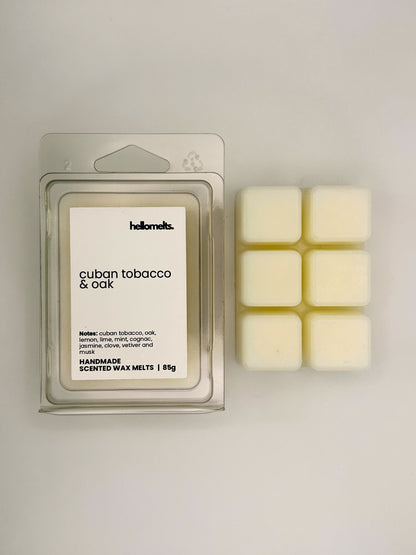 Cuban Tobacco & Oak 85g wax melt bar displayed beside its clear clamshell packaging from the Hellomelts Autumn Collection
