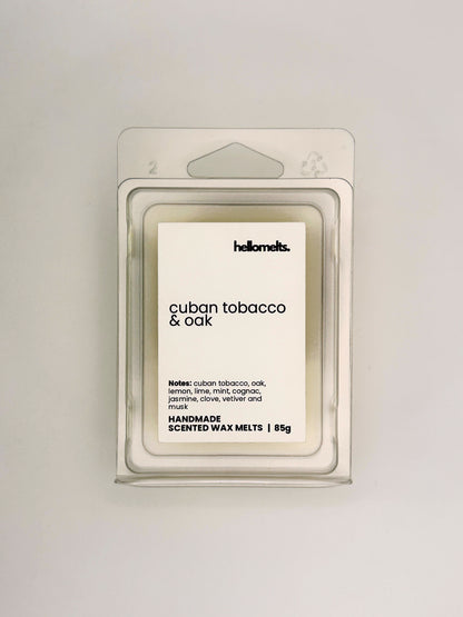 Front view of Cuban Tobacco & Oak 85g wax melt in clear clamshell packaging from the Hellomelts Autumn Collection