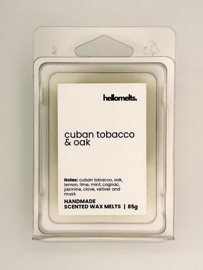Close up of Cuban Tobacco & Oak 85g wax melt label on clear clamshell packaging from the Hellomelts Autumn Collection