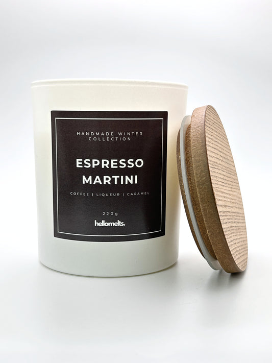 Espresso Martini 220g candle front-facing studio shot with the wooden lid positioned at the side, part of the Hellomelts Winter Collection