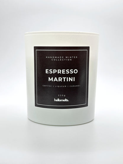 Espresso Martini 220g candle front-facing studio shot without the lid, showing the clean white jar and label from the Hellomelts Winter Collection