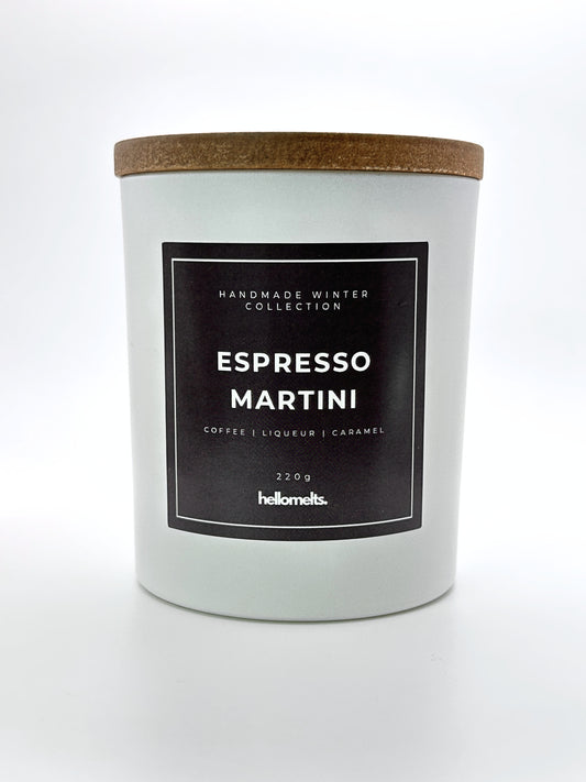 Espresso Martini 220g candle front-facing studio shot with wooden lid on, part of the Hellomelts Winter Collection