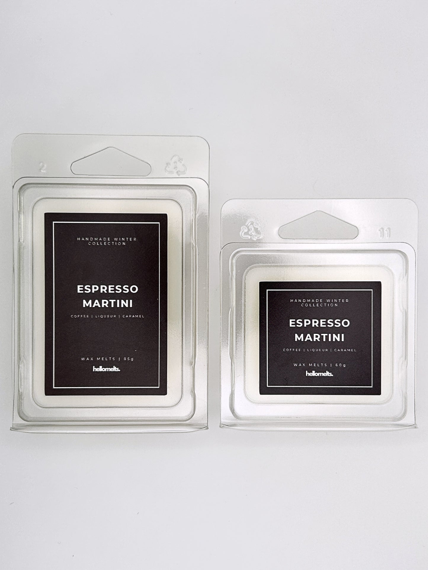 Espresso Martini wax melts 85g and 60g shown together as a size comparison in clamshell packaging from the Hellomelts Winter Collection