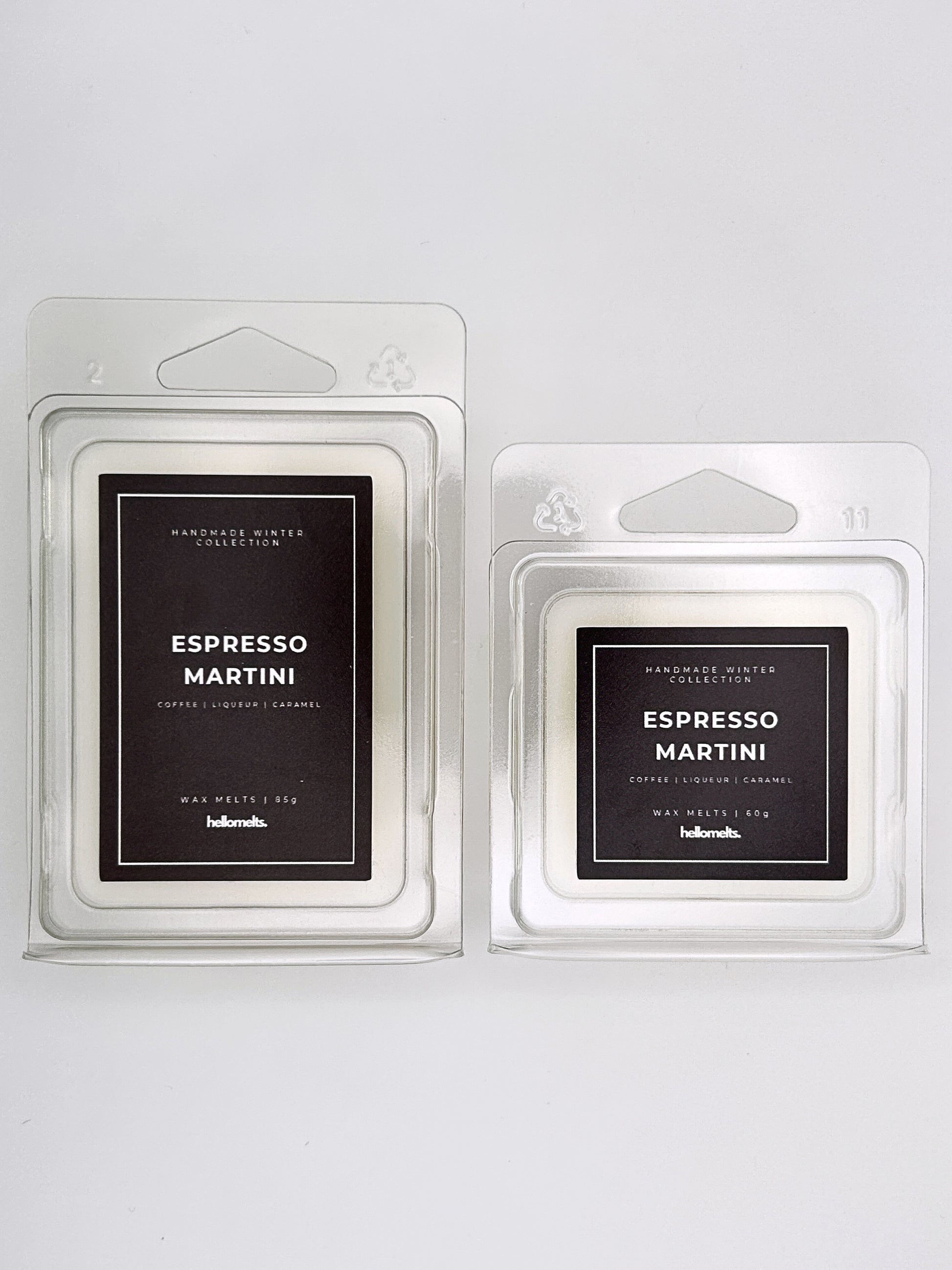 Espresso Martini wax melts 85g and 60g shown together as a size comparison in clamshell packaging from the Hellomelts Winter Collection