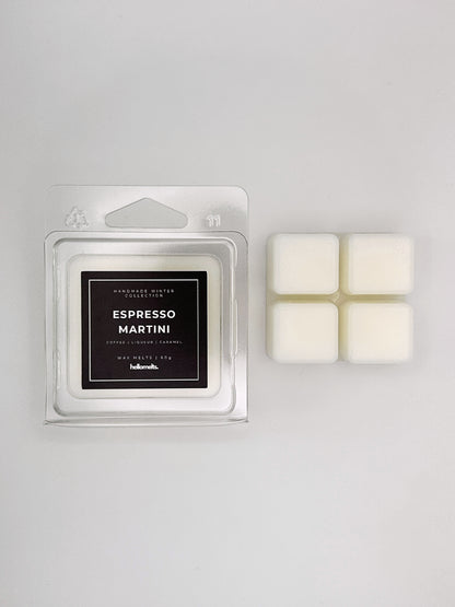 Espresso Martini 60g wax melt clamshell placed beside four wax cubes from the Hellomelts Winter Collection