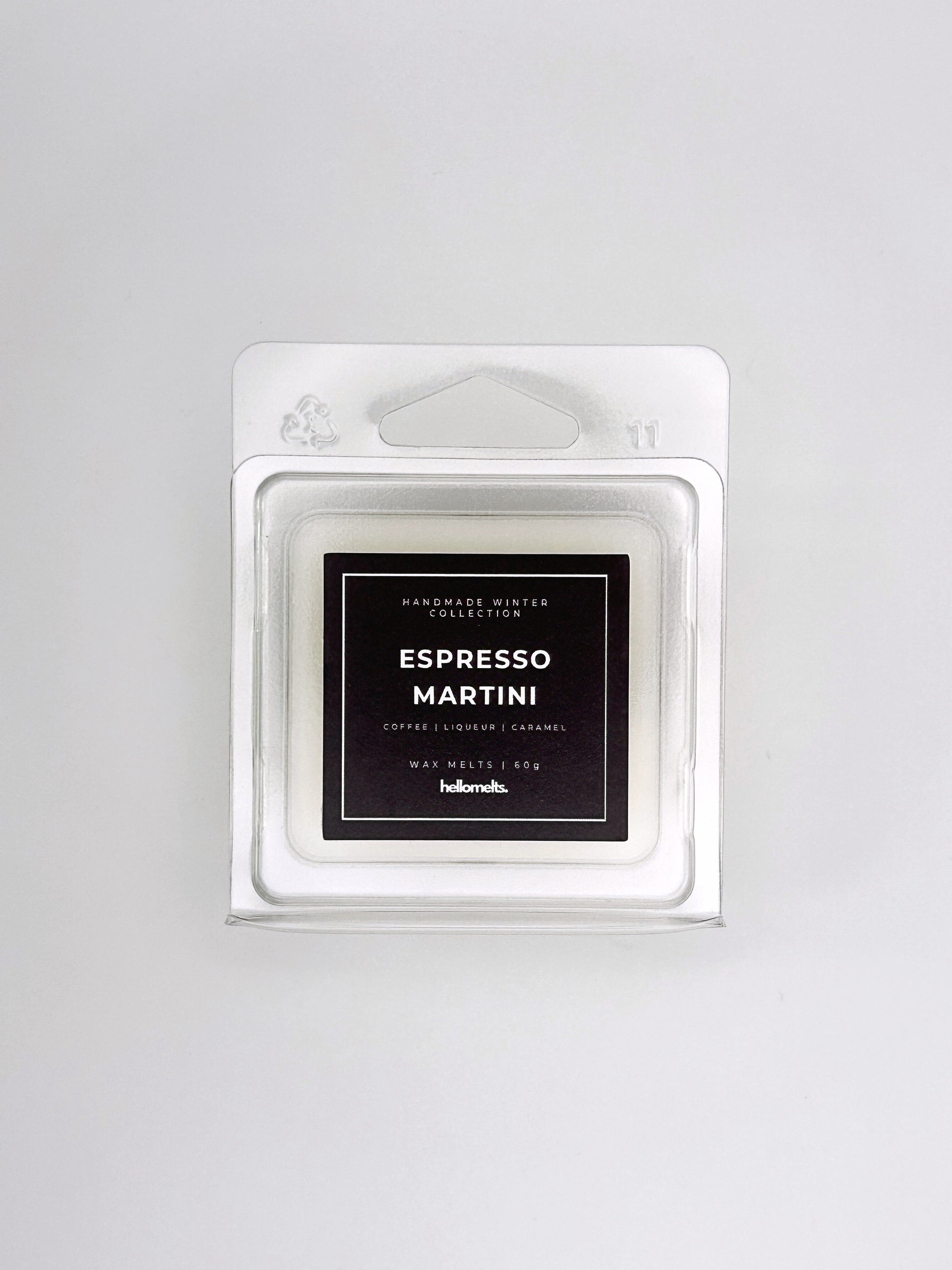 Espresso Martini 60g wax melt front-facing studio shot showing the clamshell packaging from the Hellomelts Winter Collection