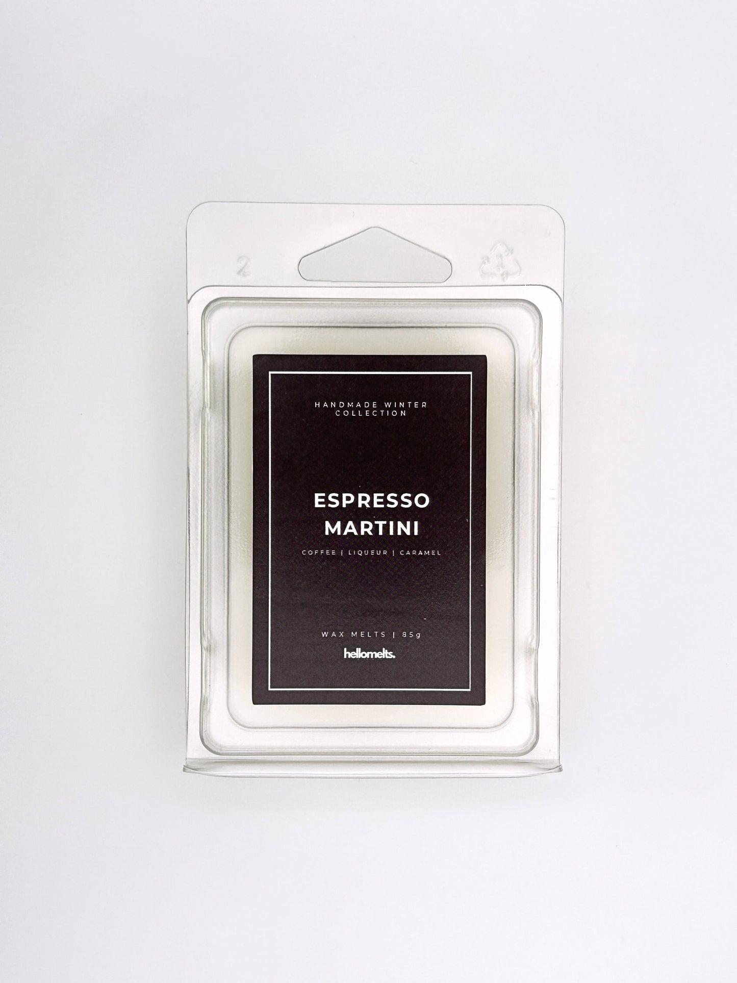Espresso Martini 85g wax melt front-facing studio shot showing the clamshell packaging from the Hellomelts Winter Collection