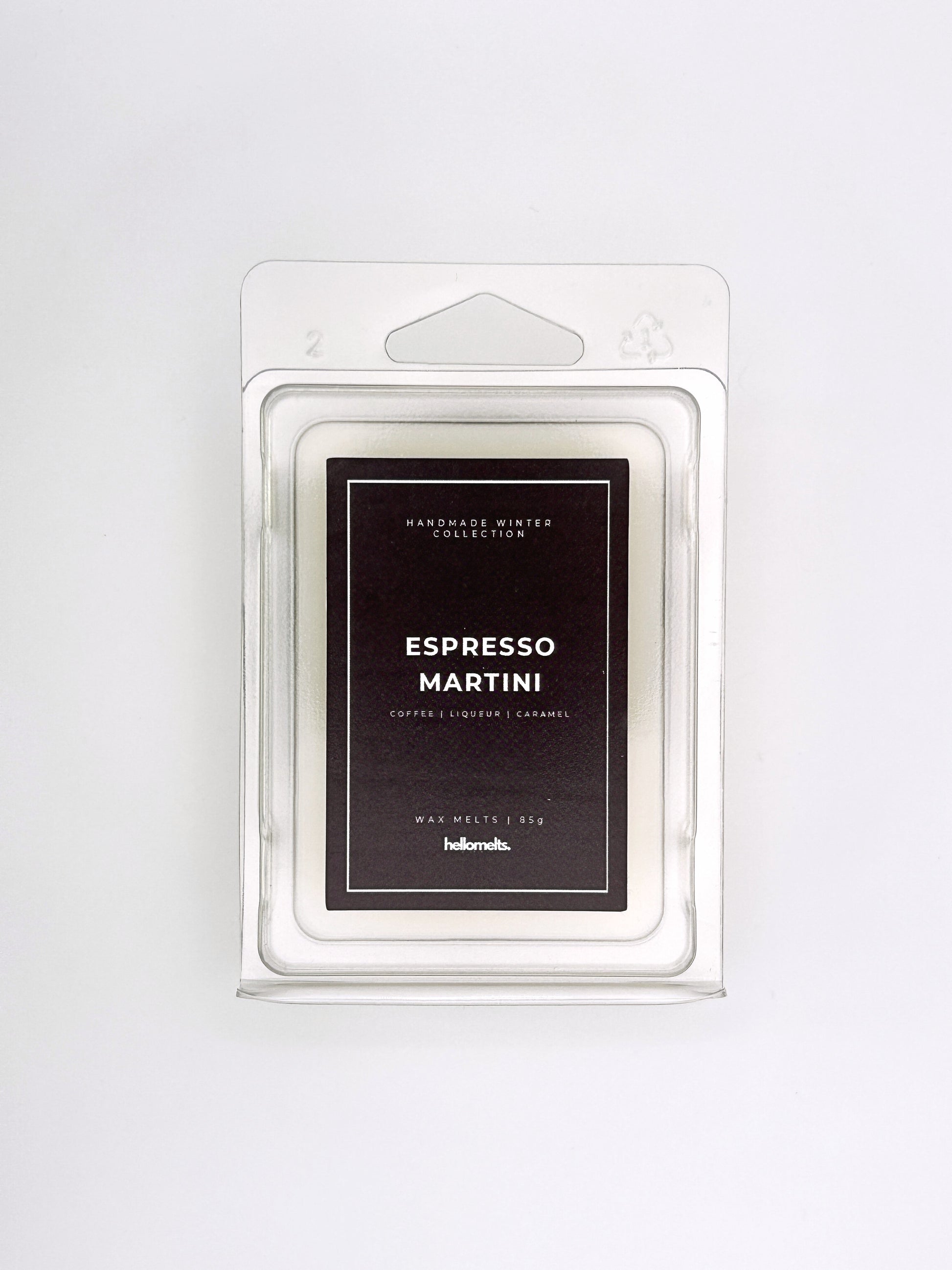 Espresso Martini 85g wax melt front-facing studio shot showing the clamshell packaging from the Hellomelts Winter Collection