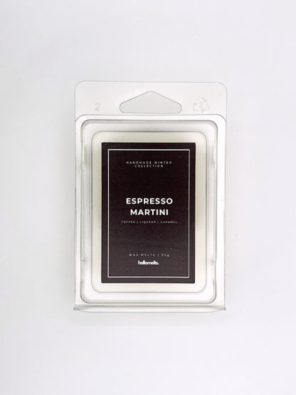Espresso Martini 85g wax melt front-facing studio shot showing the clamshell packaging from the Hellomelts Winter Collection