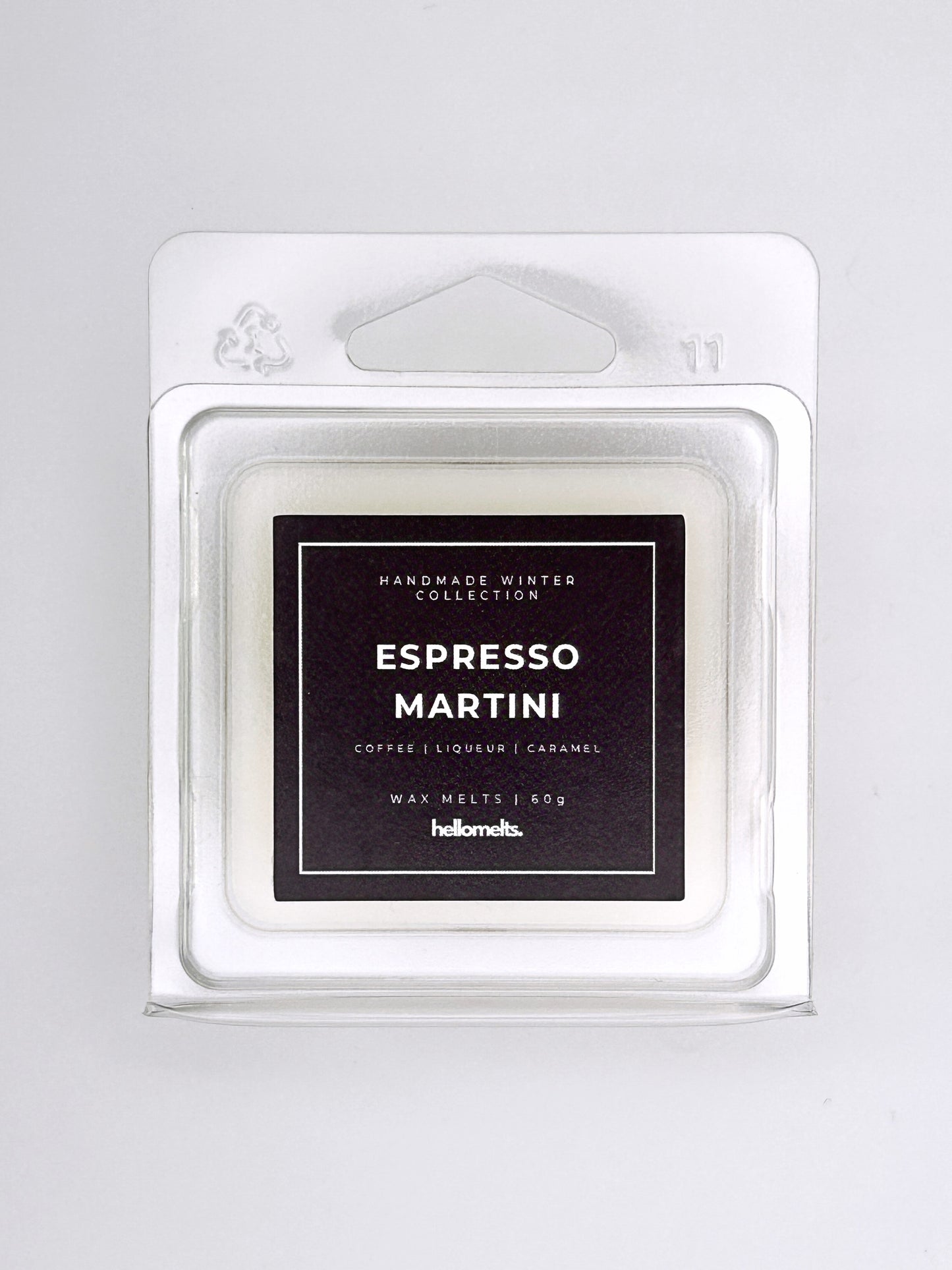 Espresso Martini 60g wax melt label close-up on the clamshell packaging from the Hellomelts Winter Collection