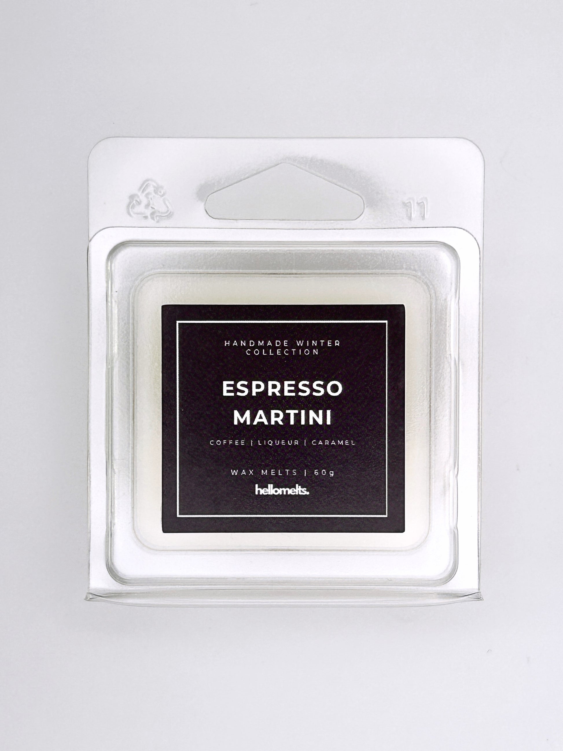 Espresso Martini 60g wax melt label close-up on the clamshell packaging from the Hellomelts Winter Collection