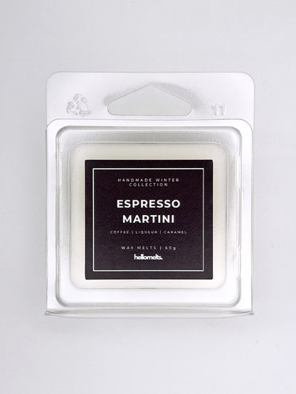 Espresso Martini 60g wax melt label close-up on the clamshell packaging from the Hellomelts Winter Collection