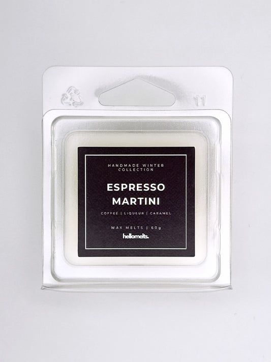 Espresso Martini 60g wax melt label close-up on the clamshell packaging from the Hellomelts Winter Collection