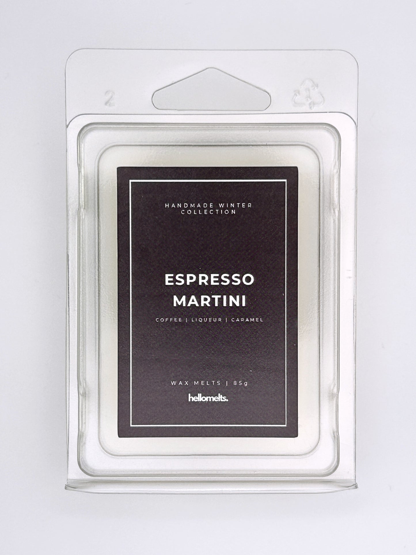 Espresso Martini 85g wax melt label close-up on the clamshell packaging from the Hellomelts Winter Collection
