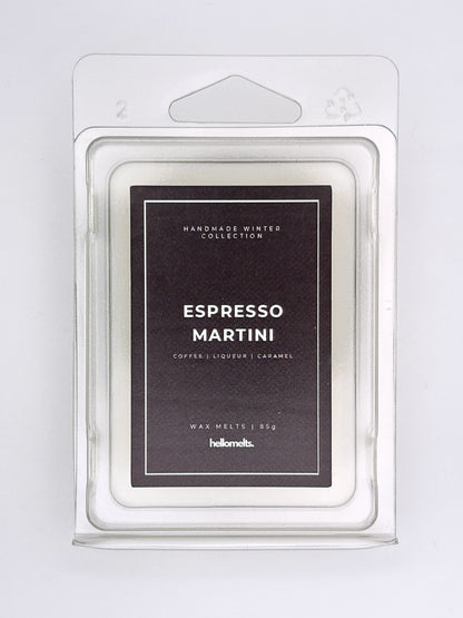 Espresso Martini 85g wax melt label close-up on the clamshell packaging from the Hellomelts Winter Collection